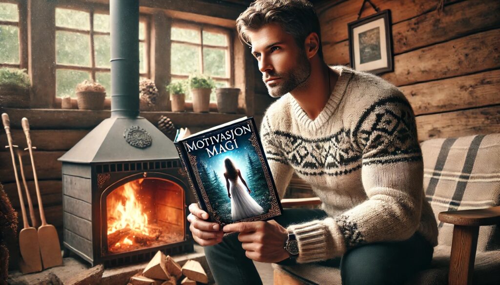 Mann ved peis leser boka Motivasjonsmagi