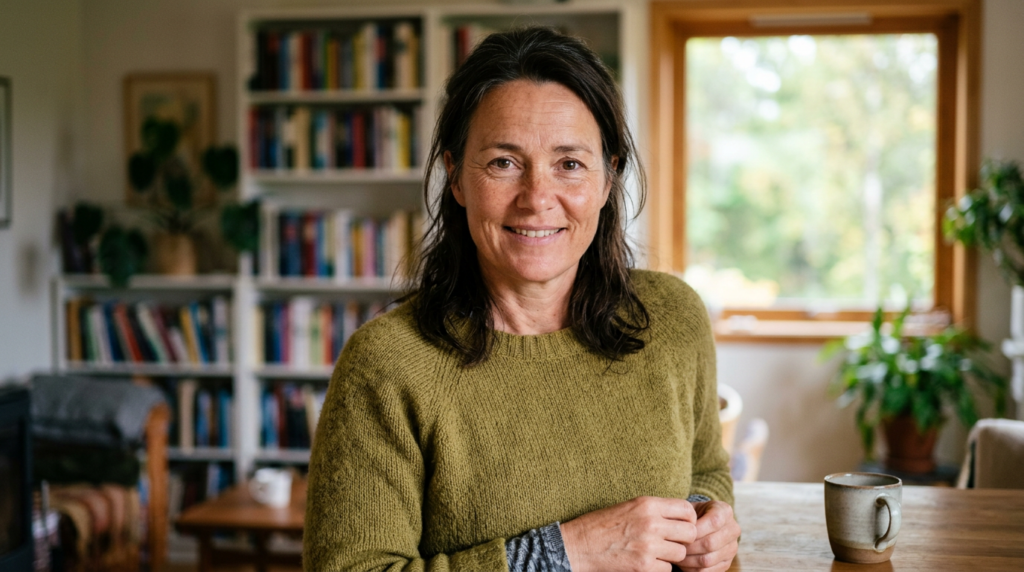 Smiling woman in green sweater sitting beside a coffee cup